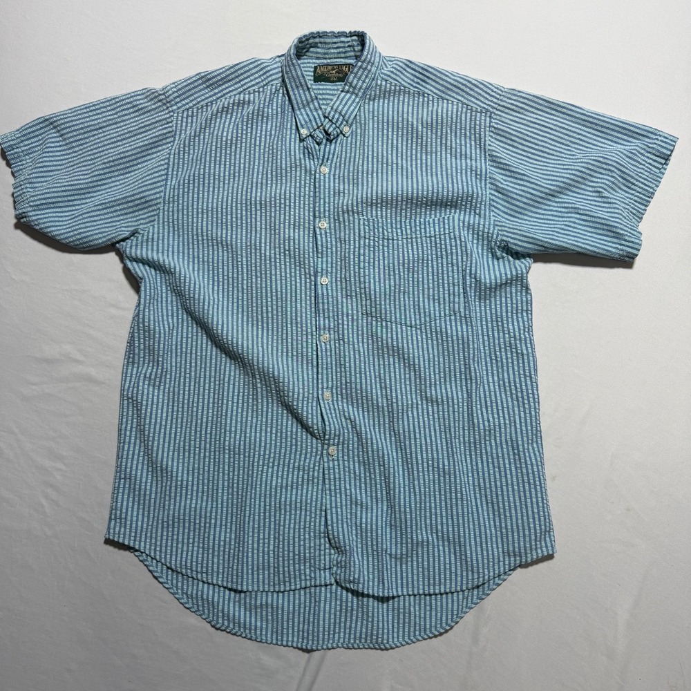Vintage American Eagle Seersucker Shirt Mens M Blue Striped Short Sleeve USA